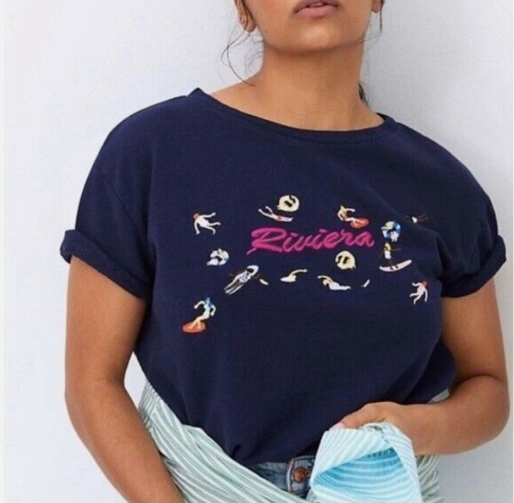 ANTHROPOLOGIE NWT Maeve Embroidered Riviera Short Sleeve Navy Sweatshirt // S